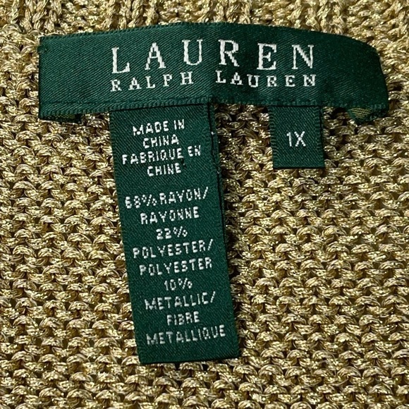 LAUREN RALPH LAUREN METALLIC GOLD V-NECK 3/4 SLEEVE RIBBED PULLOVER SWEATER - Picture 13 of 14